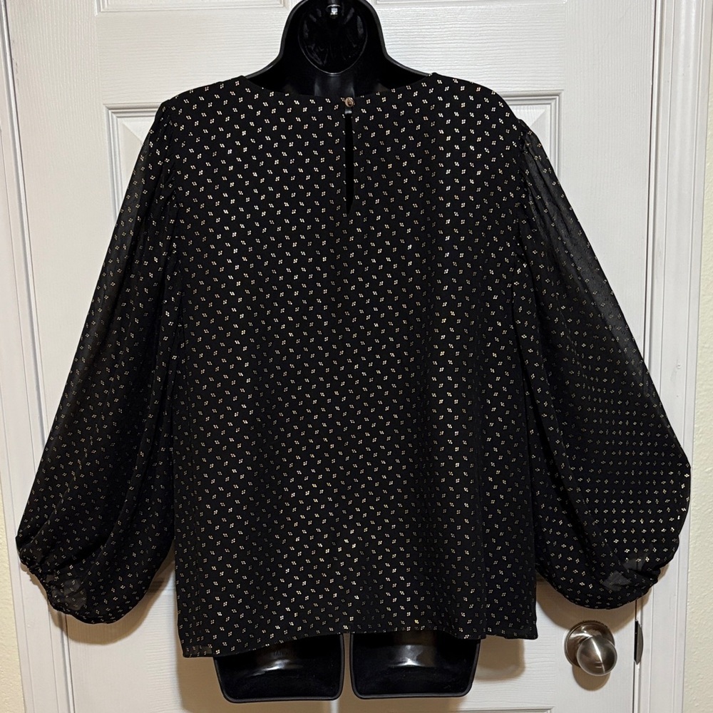 NWT Vince Camuto Black/Gold Women's Lined Blouse/Sheer Sleeves Size XL - Picture 2 of 8